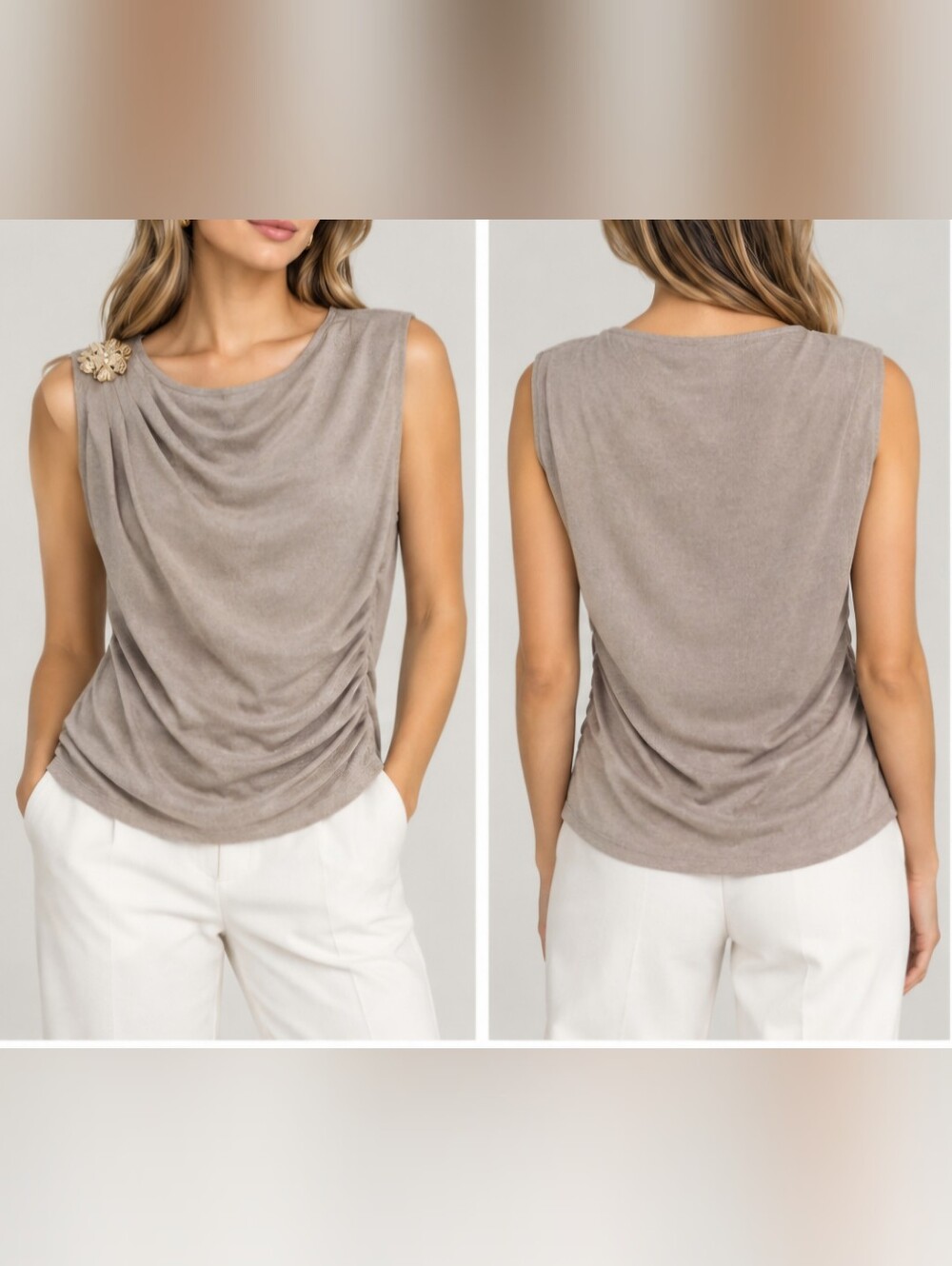 Blush Noir Sleeveless Ruched Metallic Taupe Knit Top